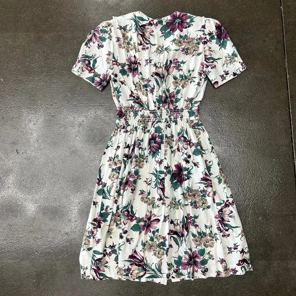 Vintage 80s Petite Floral Lace Trim Womens Medium Short Sleeve Cottagecore Dress - Picture 2 of 5